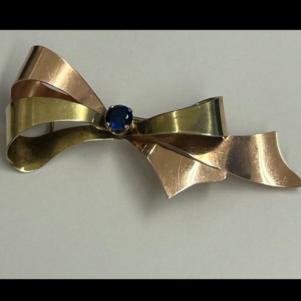 Vintage 10K 10KT solid yellow & rose gold bow and sapphire stone brooch pin